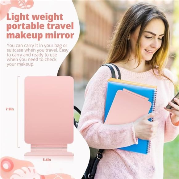 Travel Mirror for Makeup, Rechargeable Light up Pink Mirror with 72 LED Lights - Picture 6 of 8